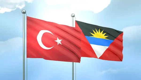 stock image 3D Flag of Turkey and Antigua Barbuda on Blue Sky with Sun Shine