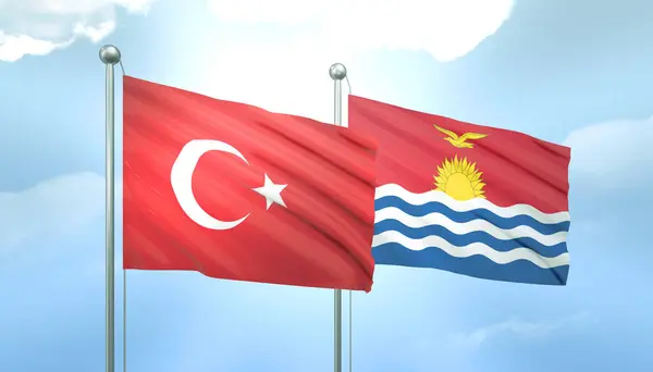 stock image 3D Flag of Turkey and Kiribati on Blue Sky with Sun Shine