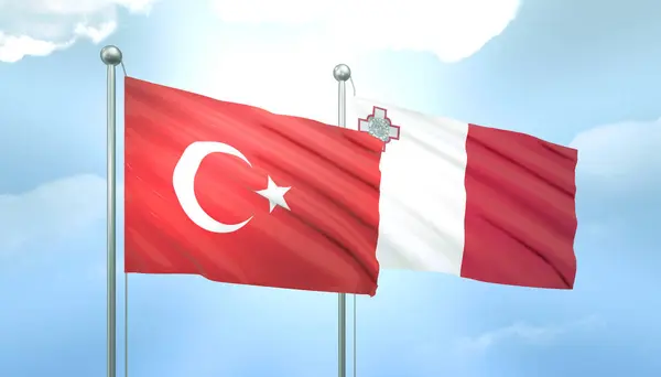 stock image 3D Flag of Turkey and Malta on Blue Sky with Sun Shine