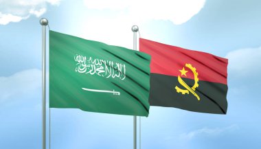 Suudi Arabistan 'ın 3D Bayrağı ve Güneş Işığıyla Mavi Gökyüzünde Angola