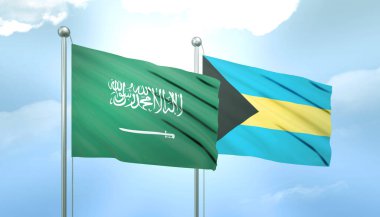 Suudi Arabistan 'ın 3D Bayrağı ve Mavi Gökte Güneş Işığı Altında Bahamalar