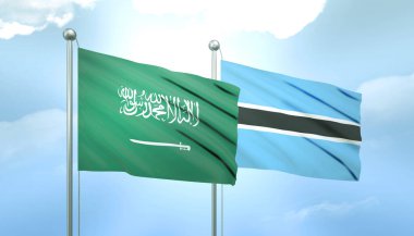 Suudi Arabistan 'ın 3D Bayrağı ve Mavi Gökyüzünde Güneş Işığı Altında Botswana