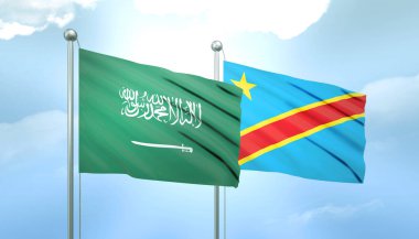 Suudi Arabistan 'ın 3D Bayrağı ve Mavi Gökyüzü' nde Güneş Işığıyla Demokratik Kongo