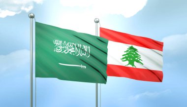 Suudi Arabistan 'ın 3D Bayrağı ve Mavi Gökte Güneş Işığıyla Lübnan