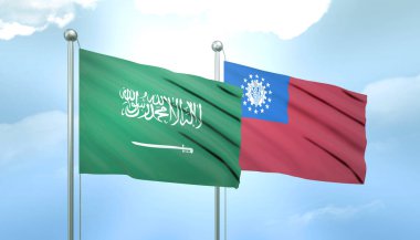 Suudi Arabistan 'ın 3D Bayrağı ve Myanmar Mavi Gökyüzünde Güneş Işığıyla