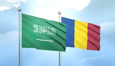 Suudi Arabistan ve Romanya 'nın 3D Bayrağı Mavi Gökyüzünde Güneş Işığıyla