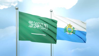 Suudi Arabistan 'ın 3D Bayrağı ve Mavi Gök' te Güneş Işığıyla San Marino