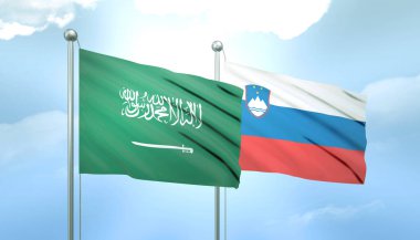 Suudi Arabistan ve Slovenya 'nın 3D Bayrağı Mavi Gökyüzünde Güneş Işığıyla