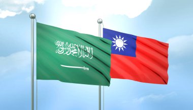 Suudi Arabistan 'ın 3D Bayrağı ve Güneş Işığıyla Mavi Gökyüzünde Tayvan