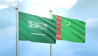 Suudi Arabistan 'ın 3D Bayrağı ve Mavi Gökyüzünde Türkmenistan Güneş Işığıyla