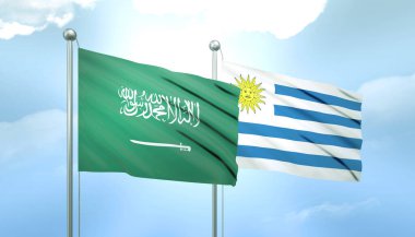 Suudi Arabistan 'ın 3D Bayrağı ve Mavi Gökyüzünde Güneş Işığıyla Uruguay