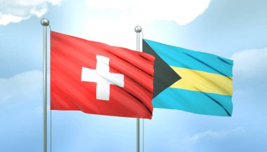 İsviçre ve Bahamalar 'ın 3D Bayrağı Mavi Gökte Güneş Işığıyla