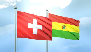 3D Flag of Switzerland and Bolivia on Blue Sky with Sun Shine