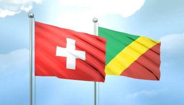 İsviçre 'nin 3D Bayrağı ve Kongo Cumhuriyeti Mavi Gökyüzünde Güneş Işığıyla