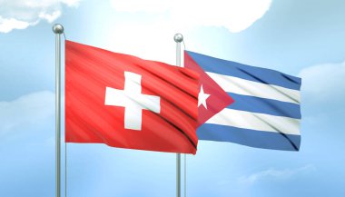 İsviçre ve Küba 'nın 3D Bayrağı Mavi Gökyüzünde Güneş Işığıyla