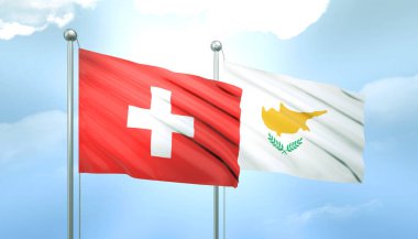 3D Flag of Switzerland and Cyprus on Blue Sky with Sun Shine