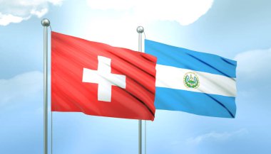 İsviçre ve El Salvador 'un 3D Bayrağı Mavi Gökyüzünde Güneş Işığıyla