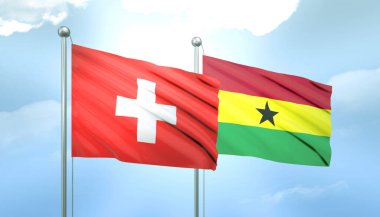 3D Flag of Switzerland and Ghana on Blue Sky with Sun Shine