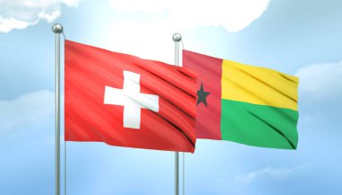 İsviçre 'nin 3D Bayrağı ve Mavi Gökyüzünde Güneş Işığıyla Gine Bissau