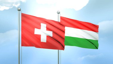 İsviçre ve Macaristan 'ın 3D Bayrağı Mavi Gökyüzünde Güneş Işığıyla