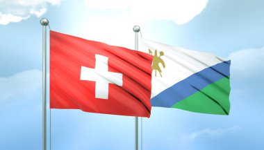 3D Flag of Switzerland and Lesotho on Blue Sky with Sun Shine