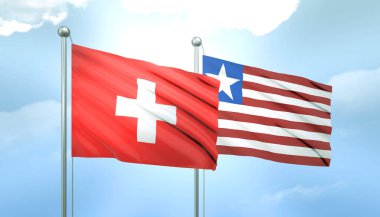 İsviçre ve Liberya 'nın 3D Bayrağı Mavi Gökyüzünde Güneş Işığıyla