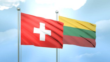 İsviçre ve Litvanya 'nın 3D Bayrağı Mavi Gökte Güneş Işığıyla