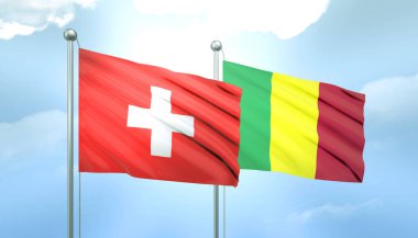 İsviçre ve Mali 'nin 3D Bayrağı Mavi Gök' te Güneş Işığıyla