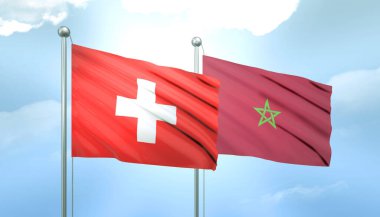 3D Flag of Switzerland and Morocco on Blue Sky with Sun Shine