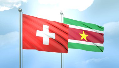 İsviçre 'nin 3D Bayrağı ve Mavi Gökyüzünde Güneş Işığıyla Surinam