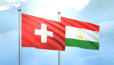 İsviçre ve Tacikistan 'ın 3D Bayrağı Mavi Gökyüzünde Güneş Işığıyla