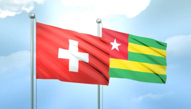 İsviçre 'nin 3D Bayrağı ve Mavi Gökte Güneş Işığıyla Togo