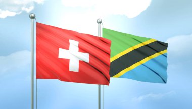 3D Flag of Switzerland and Tanzania on Blue Sky with Sun Shine