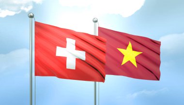 3D Flag of Switzerland and Vietnam on Blue Sky with Sun Shine