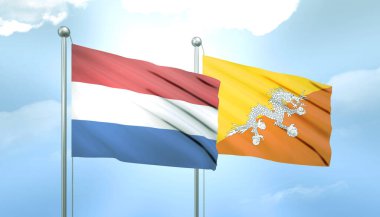 Hollanda 'nın 3D Bayrağı ve Mavi Gökyüzünde Güneş Işığıyla Bhutan