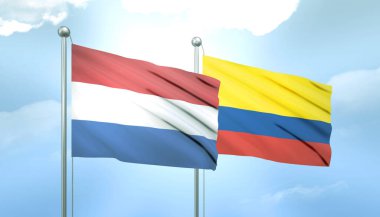 Hollanda 'nın 3D Bayrağı ve Mavi Gökte Güneş Işığıyla Kolombiya