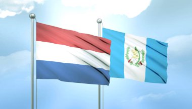 Hollanda 'nın 3D Bayrağı ve Mavi Gök' te Güneş Işığıyla Guatemala