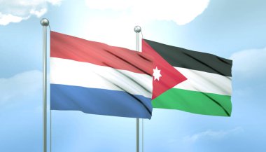 Hollanda 'nın 3D Bayrağı ve Ürdün Mavi Gökyüzünde Güneş Işığıyla