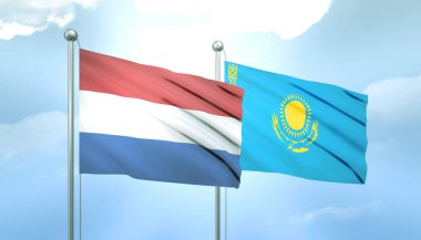 Hollanda 'nın 3D Bayrağı ve Mavi Gökyüzünde Güneş Işığıyla Kazakistan