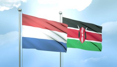 Hollanda 'nın 3D Bayrağı ve Kenya Mavi Gökyüzünde Güneş Işığıyla