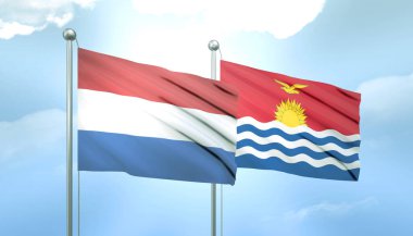 Hollanda 'nın 3D Bayrağı ve Kiribati Mavi Gökyüzünde Güneş Işığıyla