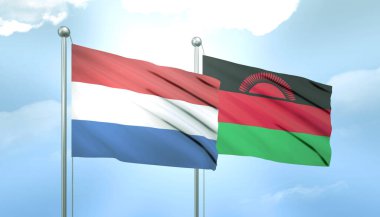 Hollanda 'nın 3D Bayrağı ve Mavi Gökte Güneş Işığıyla Malawi