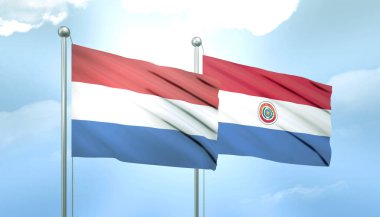 Hollanda 'nın 3D Bayrağı ve Mavi Gökyüzünde Paraguay Güneş Işığıyla
