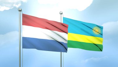Hollanda 'nın 3D Bayrağı ve Mavi Gökte Güneş Işığı Altında Ruanda