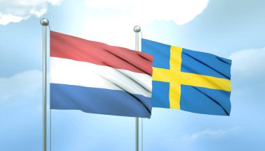 Hollanda 'nın 3D Bayrağı ve İsveç Mavi Gökte Güneş Işığıyla