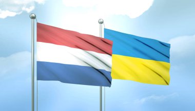 Hollanda 'nın 3D Bayrağı ve Mavi Gökte Güneş Işığıyla Ukrayna