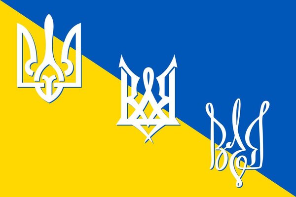  Vector set of coats of arms of Ukraine in different styles on the background of the colors of the flag of Ukraine for printing on clothes, tattoos