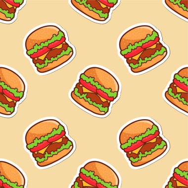  Vektör illüstrasyon, peynirli, domatesli, marullu ve sulu pirzolaların kusursuz arkaplanı çıkartmalar, arka planlar, giysilerdeki baskılar, restoran, bar, fast food, ambalaj.