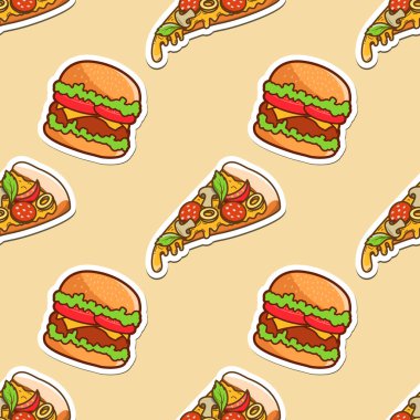  Vektör illüstrasyon, pizza ve hamburgerin kusursuz arkaplanı etiketler, arka planlar, kıyafetler, restoran, bar, fast food, ambalaj