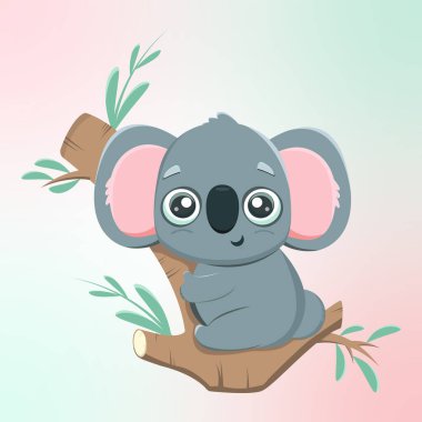 Okaliptüs dalına sarılan sevimli bir koalanın vektör çizimi. Şirin, komik, anaokulu için illüstrasyon, çocuklar, kitaplar, karikatürler, kartlar, tişört baskısı. Çocukların eğitim ve gelişim amaçları.